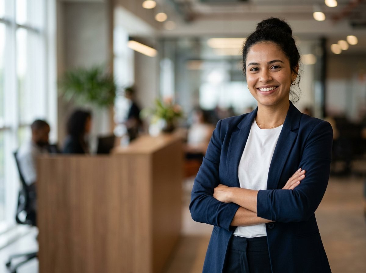 Recepcionista de braços cruzados, sorrindo, em frente ao balcão de atendimento